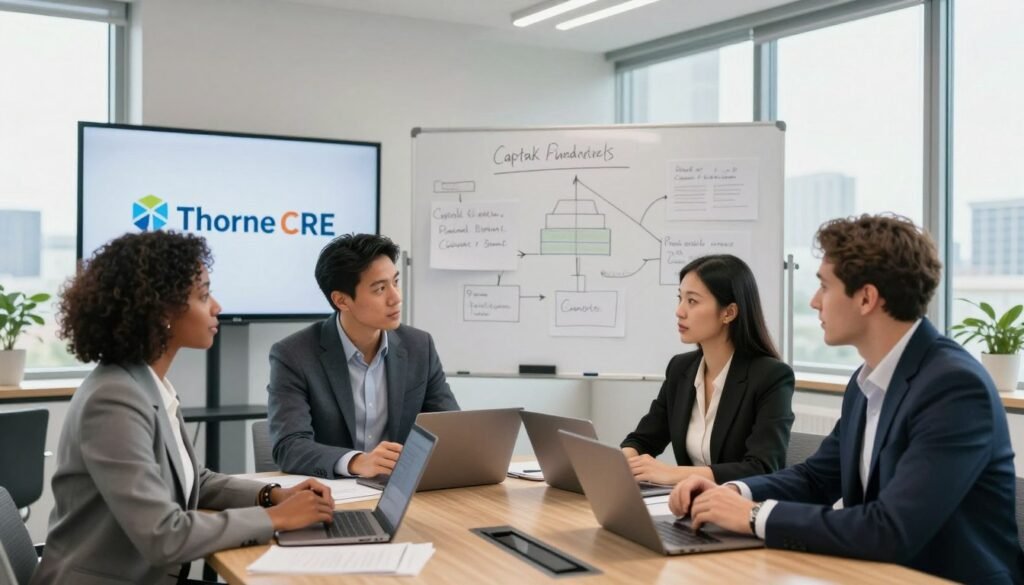 A diverse project team is gathered around a conference table in a modern office space, collaborating on a real estate finance strategy. Foreground features four professionals, a Black woman in a tailored blazer, a Hispanic man in smart attire, an Asian woman with a business dress, and a Caucasian man in a suit, all engaged in discussion with laptops and documents in front of them. The middle ground showcases a large whiteboard filled with diagrams and notes about capital stack fundamentals. In the background, large windows provide a view of the Oklahoma skyline, with warm natural light flooding the room, creating an atmosphere of innovation and teamwork. The image prominently displays the Thorne CRE logo on a digital screen.