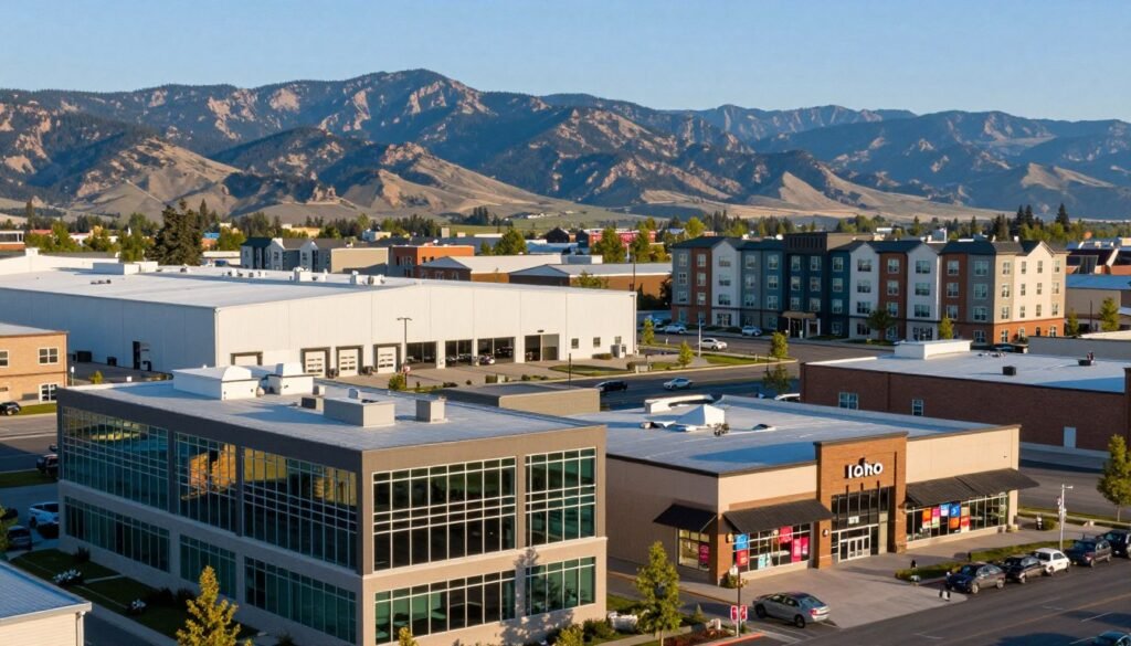 A diverse range of commercial properties in Idaho, showcasing various types of real estate financing available. In the foreground, a modern office building with large glass windows reflects the skyline, accompanied by a stylish retail space featuring vibrant displays. The middle layer displays a well-maintained industrial warehouse with loading docks, and a nearby multifamily apartment complex showcasing contemporary architecture. In the background, scenic Idaho mountains rise against a clear blue sky, adding a touch of natural beauty. The scene is illuminated by soft, warm lighting, suggesting an early morning or late afternoon atmosphere. The perspective is slightly elevated, offering a comprehensive view of the property types, capturing the essence of Idaho’s commercial real estate market.