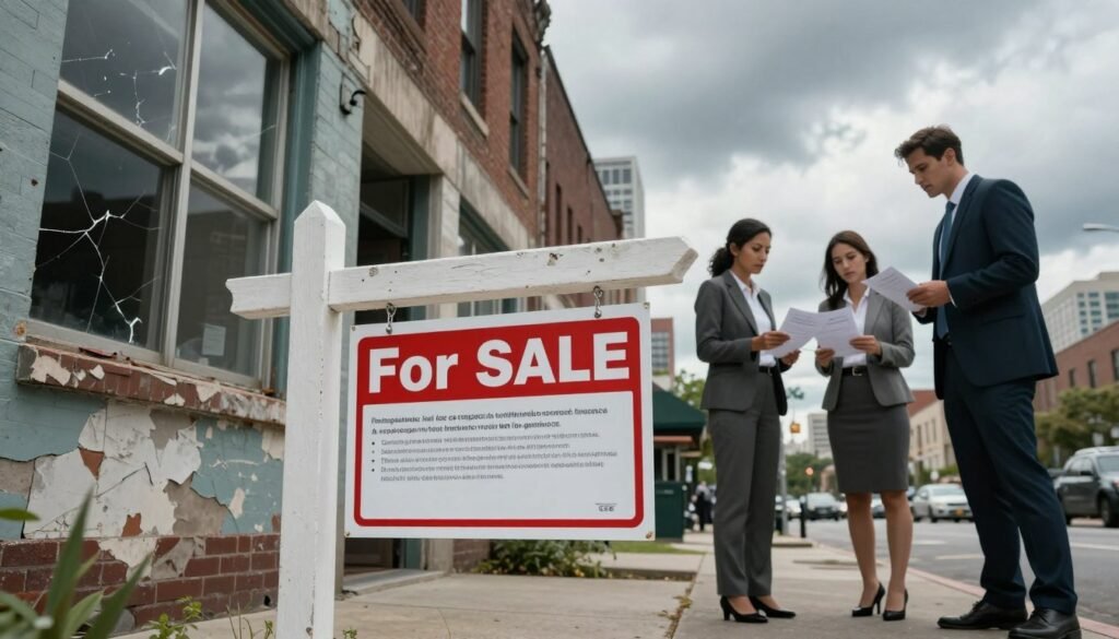A dramatic scene highlighting a commercial real estate property in decline, set in a bustling urban environment. In the foreground, a worn "For Sale" sign stands crookedly in front of a dilapidated building with cracked windows and peeling paint, symbolizing property value issues. The middle ground features concerned business professionals in modest formal attire examining property documents, showcasing the importance of collateral in loan financing. In the background, a cloudy sky looms to create a somber mood, with distant city skyscrapers representing the competitive market. The lighting is overcast, casting a muted atmosphere. The camera angle is slightly low, emphasizing the property’s deterioration. Include the brand name "Thorne CRE" subtly integrated into the scene, enhancing the thematic focus without becoming a focal point.