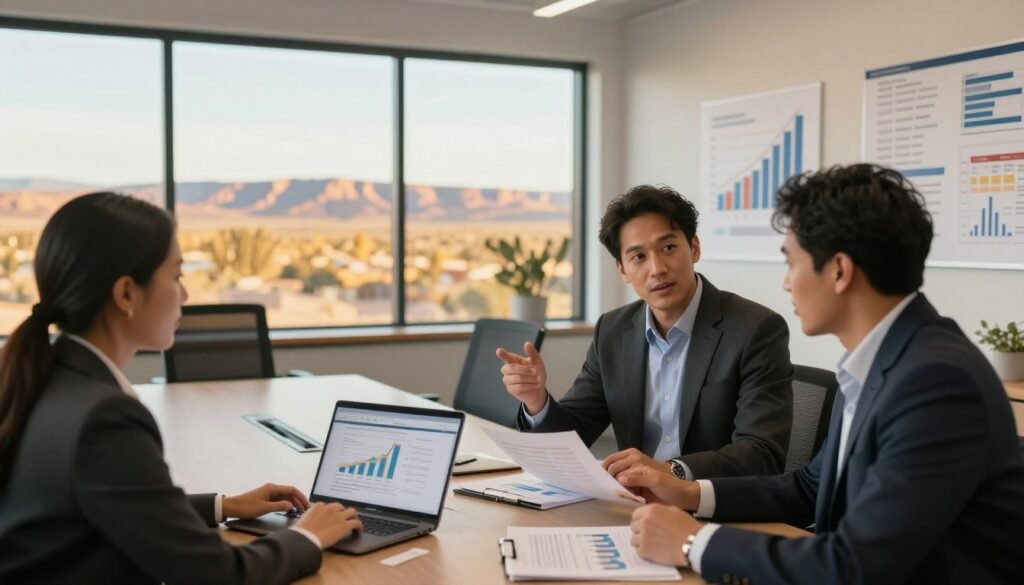 A dynamic and engaging office environment showcasing growth in New Mexico's commercial investment landscape. In the foreground, a diverse group of three professionals in business attire, engaging in a discussion around financial documents and a laptop displaying graphs, symbolizing mezzanine debt and preferred equity strategies. In the middle ground, a modern conference room with large windows revealing a panoramic view of New Mexico's desert landscape bathed in warm, golden light, reflecting the state's vibrant atmosphere. In the background, elements of growth and finance, such as charts and investment portfolios on walls, create an inspiring and motivational mood. The scene is captured with a slight depth of field, utilizing soft focus for the background and a bright, optimistic ambiance. Include subtle branding elements of "Thorne CRE" to emphasize the professional context.