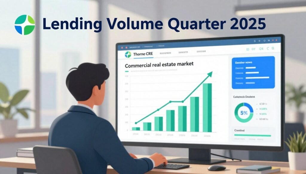 A dynamic and informative illustration of "Lending Volume Quarter 2025," featuring a modern office setting in the background. The foreground showcases a professional financial analyst, dressed in business attire, reviewing a graph that represents increasing lending volumes in the commercial real estate market. The middle ground includes a digital screen displaying key statistics and trends, with a focus on green and blue tones to convey growth and stability. Natural lighting streams through large windows, casting soft shadows, and a blurred city skyline can be seen in the distance. The overall mood is optimistic and forward-looking, inviting viewers to engage with the evolving debt capital markets. A subtle logo of "Thorne CRE" is integrated into the design, enhancing brand recognition. A dynamic and informative illustration of "Lending Volume Quarter 2025," featuring a modern office setting in the background. The foreground showcases a professional financial analyst, dressed in business attire, reviewing a graph that represents increasing lending volumes in the commercial real estate market. The middle ground includes a digital screen displaying key statistics and trends, with a focus on green and blue tones to convey growth and stability. Natural lighting streams through large windows, casting soft shadows, and a blurred city skyline can be seen in the distance. The overall mood is optimistic and forward-looking, inviting viewers to engage with the evolving debt capital markets. A subtle logo of "Thorne CRE" is integrated into the design, enhancing brand recognition.
