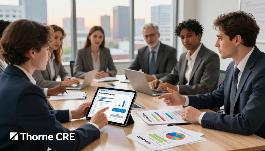 A dynamic and informative illustration of equity investments in real estate, showcasing a diverse group of professionals in business attire engaged in a strategic discussion around a glossy conference table. In the foreground, focus on two individuals exchanging ideas, pointing at a digital tablet displaying financial graphs and charts that represent preferred and common equity options. The middle layer features detailed documents with capital stack diagrams and equity structures scattered on the table. The background includes a large window that reveals a modern urban skyline of North Carolina, bathed in soft, warm natural lighting. The atmosphere conveys professionalism, collaboration, and innovation, emphasizing the importance of sponsor alignment in the equity investment process. In the lower corner, subtly integrate the brand name "Thorne CRE" into the image without any text overlays.