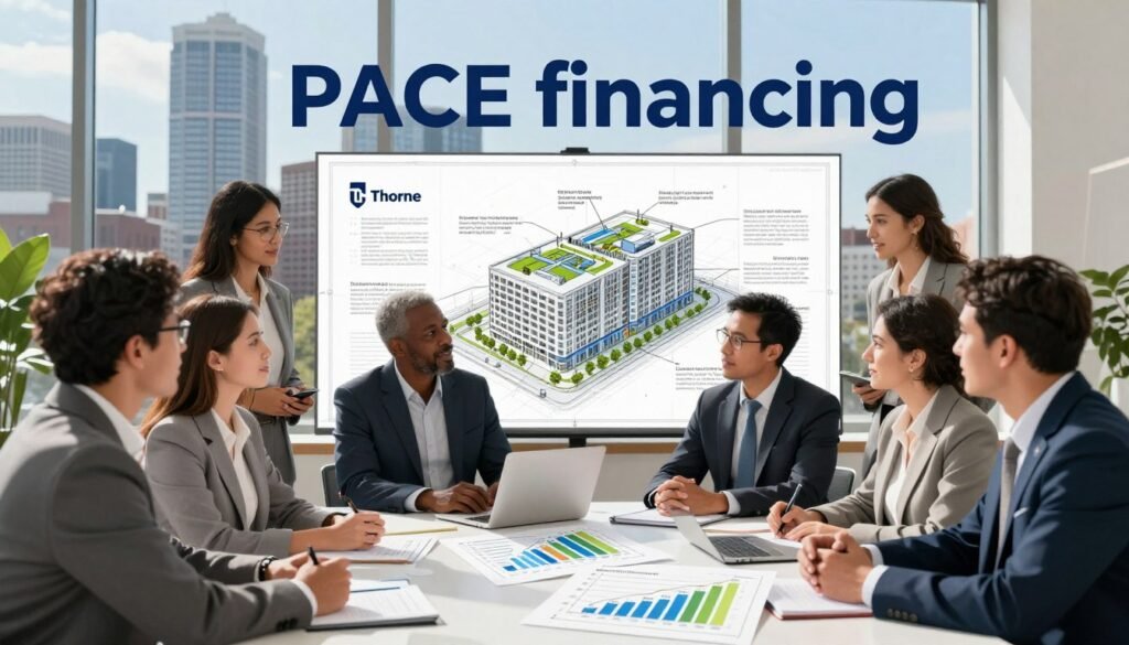 A dynamic and informative illustration representing "PACE financing" in the context of Massachusetts commercial real estate investments. In the foreground, a diverse group of professionals in business attire engaged in discussions, with plans and charts on a modern table displaying graphs related to energy upgrades. The middle ground features an architect's blueprint showcasing a sustainable building design, with labeled diagrams of energy-efficient systems and technologies. In the background, a vibrant cityscape of Boston with recognizable landmarks, under bright, natural lighting to evoke a sense of optimism and innovation. The atmosphere conveys collaboration and forward-thinking, emphasizing the role of "Thorne CRE" in integrating PACE financing into energy and building upgrades.