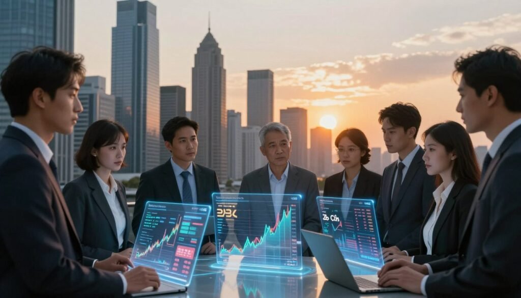 A dynamic and insightful depiction of debt markets in a futuristic financial setting for 2025, emphasizing the impact of rising rates on capital structures. In the foreground, a diverse group of professional figures, dressed in business attire, engages in discussions around digital financial charts displayed on holographic surfaces. The middle ground features a modern cityscape with sleek skyscrapers, representing commercial real estate (CRE) investments. In the background, a warming sunset bathes the skyline in golden tones, suggesting both opportunity and caution in the market. Soft lighting highlights the tension and collaboration among the figures, embodying the mood of adaptability and strategic evolution in the face of changing economic conditions. The overall atmosphere invites reflection on the complexities of debt capital, pricing, and liquidity in the evolving market, with a subtle branding touch of "Thorne CRE" incorporated into the financial visuals.