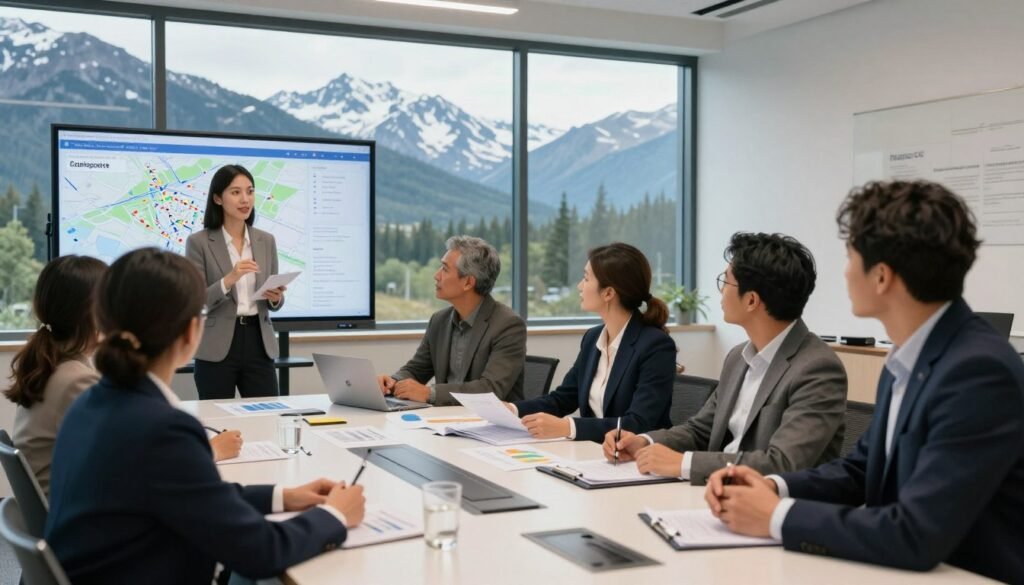 A dynamic and modern depiction of Alaska's evolving commercial real estate landscape, focusing on a diverse group of professionals in business attire engaged in a brainstorming session around a large conference table. In the foreground, a well-dressed woman presents a digital map of real estate projects projected on a screen. The middle ground features male and female colleagues, showing a mix of ethnicities, discussing possible capital stack strategies while analyzing charts and documents, with Thorne CRE branding subtly visible in the background. The backdrop showcases a large window with a stunning view of Alaskan mountains and forests under soft natural light. The atmosphere is collaborative and professional, illuminated by bright overhead lights, creating a sense of progress and innovation in the realm of commercial real estate.