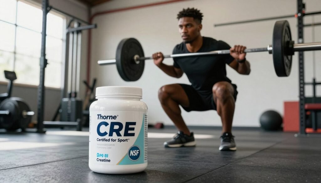 A dynamic and motivational scene showcasing a confident athlete in a bright indoor training facility, featuring a clear focus on a container of "Thorne CRE" NSF Certified for Sport® creatine positioned prominently in the foreground. The athlete, a young Black male, is dressed in professional athletic gear, exhibiting determination as he performs a lifting exercise. Soft, natural lighting highlights the product and the athlete, casting subtle shadows on the polished gym floor. In the middle background, various training equipment is visible, incorporating elements from high-intensity athletic training. The overall atmosphere is energetic and inspiring, conveying a sense of commitment to safe and effective sports performance. The image evokes a feeling of advancement and trustworthiness, reinforcing the value of NSF certification.
