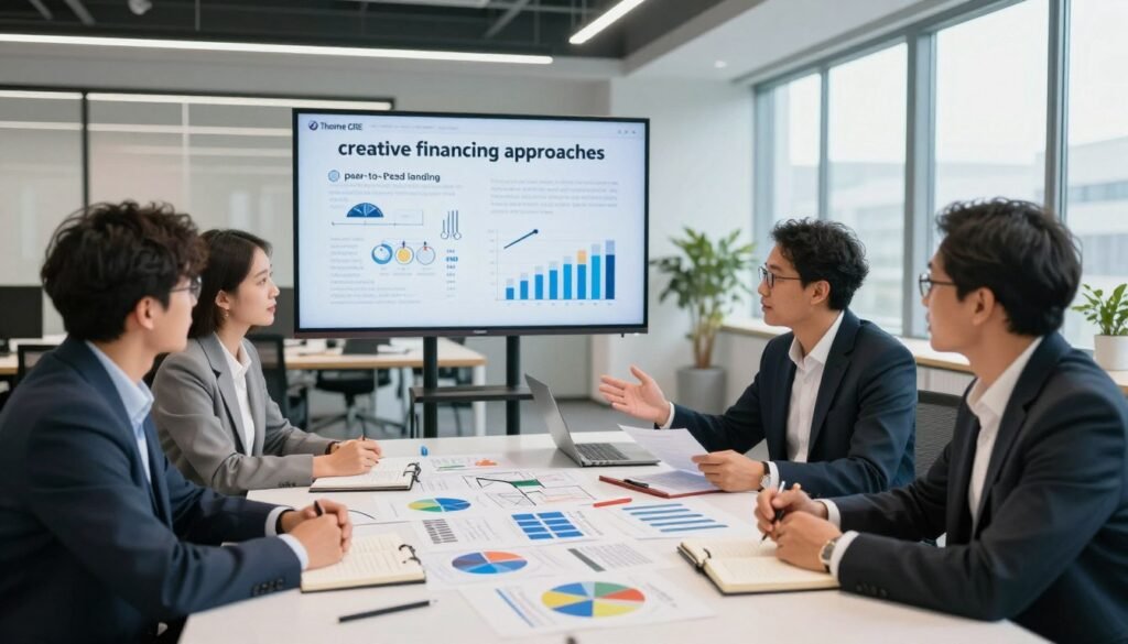 A dynamic and professional business scene illustrating "creative financing approaches" for accelerated growth. In the foreground, a diverse group of four professionals in business attire are engaged in a lively discussion around a large table covered with financial charts, graphs, and notebooks reflecting innovative ideas. In the middle ground, a digital screen displays creative financing concepts like peer-to-peer lending and crowdfunding, with graphical visuals. The background features a modern office space with large windows allowing natural light to flood in, enhancing the productive atmosphere. The mood is upbeat and collaborative, suggesting innovation and teamwork. The image subtly incorporates the brand name "Thorne CRE" into the visual elements without text overlay. Use a wide-angle lens to capture the entire scene and ensure bright, inviting lighting.