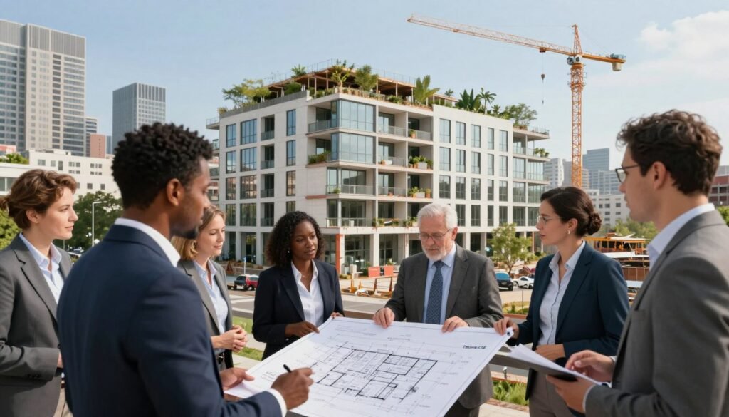 A dynamic and visually engaging scene representing public-private partnerships in the context of large-scale office to residential conversions. In the foreground, a diverse group of professionals in business attire engage in discussion over architectural plans and blueprints, displaying collaboration. The middle ground features a partially converted office building, showcasing modern residential amenities, large windows, and green spaces integrated into the design. The background depicts a vibrant urban skyline under a clear blue sky, with cranes and construction equipment symbolizing growth and transformation. Soft, natural lighting highlights the teamwork and innovation, creating a hopeful and forward-thinking atmosphere. Include the brand name “Thorne CRE” subtly in the architectural plans. A dynamic and visually engaging scene representing public-private partnerships in the context of large-scale office to residential conversions. In the foreground, a diverse group of professionals in business attire engage in discussion over architectural plans and blueprints, displaying collaboration. The middle ground features a partially converted office building, showcasing modern residential amenities, large windows, and green spaces integrated into the design. The background depicts a vibrant urban skyline under a clear blue sky, with cranes and construction equipment symbolizing growth and transformation. Soft, natural lighting highlights the teamwork and innovation, creating a hopeful and forward-thinking atmosphere. Include the brand name “Thorne CRE” subtly in the architectural plans.
