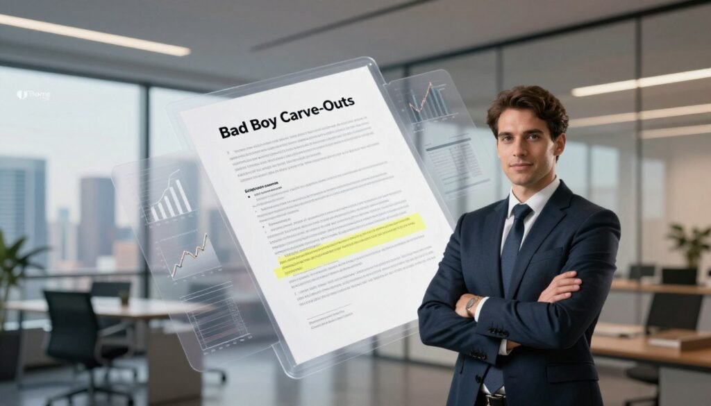 A dynamic and visually striking representation of "bad boy carve-outs" in the context of business and finance. In the foreground, a confident businessperson in professional attire stands with arms crossed, exuding an air of authority, as they examine a complex contract with highlighted sections. The middle layer features a large, transparent document labeled "Bad Boy Carve-Outs," surrounded by charts and graphs illustrating financial data, symbolizing the nuances of bridge loan covenants. The background is a sleek modern office with large windows showcasing a city skyline, illuminated by soft, warm lighting, creating a professional and engaging atmosphere. The lens captures the scene with a slight tilt, adding drama and emphasis to the subject, while the overall mood is serious yet empowering. Include the logo for "Thorne CRE" in the corner, seamlessly integrated into the design.