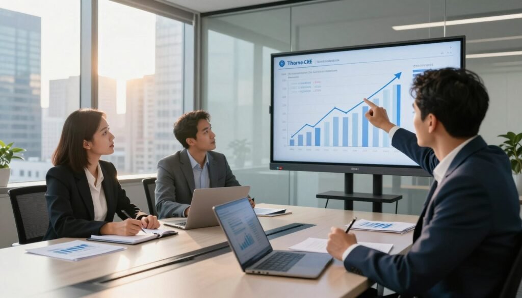 A dynamic business meeting scene in a modern office setting, showcasing three professionals in business attire, analyzing financial charts and transaction flow diagrams on a large screen. Foreground features a focused male analyst pointing at an upward trend on the graph, while a thoughtful female strategist takes notes. In the middle, a sleek conference table with laptops and financial documents scattered about, suggesting a high-energy discussion about refinancing strategies. Background reveals a panoramic view of a bustling city skyline through large glass windows, with warm sunlight streaming in, creating an optimistic atmosphere. The lens captures the scene from a slightly elevated angle, emphasizing the collaboration and intensity of the moment. Include subtle branding of "Thorne CRE" on the screen to signify the financial context.
