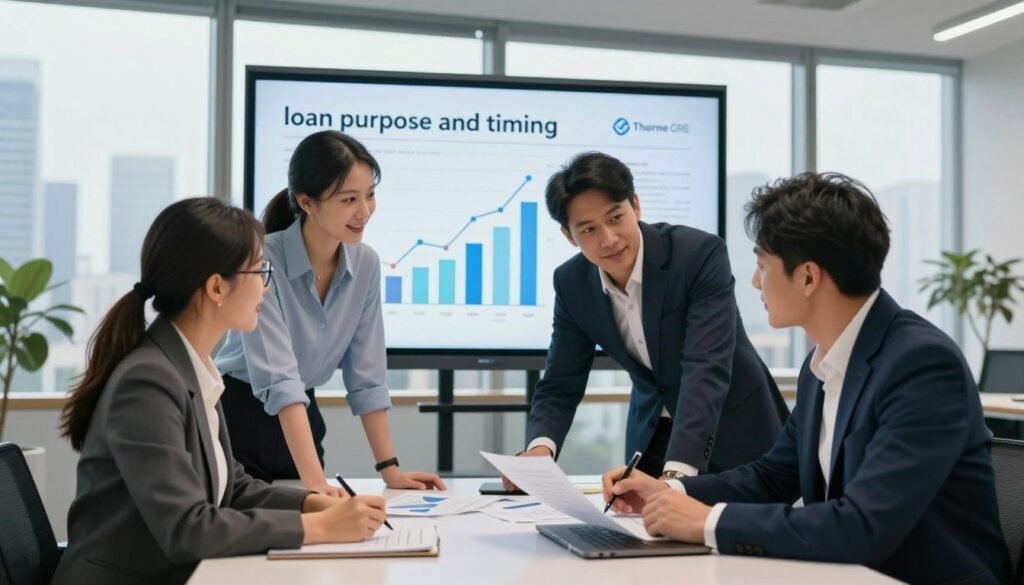 A dynamic business scene depicting the concept of "loan purpose and timing." In the foreground, a diverse group of three professionals in smart business attire—one woman with glasses and two men discussing over charts and documents on a sleek, modern table. In the middle ground, a large projection screen displaying graphs that illustrate financial growth and loan progress. The background features a stylish office setting with large windows showcasing a city skyline, bringing in natural light that fills the room with a warm and optimistic atmosphere. The overall mood conveys a sense of collaboration and strategic planning. Lighting should be bright yet soft, enhancing the professionalism of the environment. Include the brand logo "Thorne CRE" subtly integrated into the scene without any text overlays.