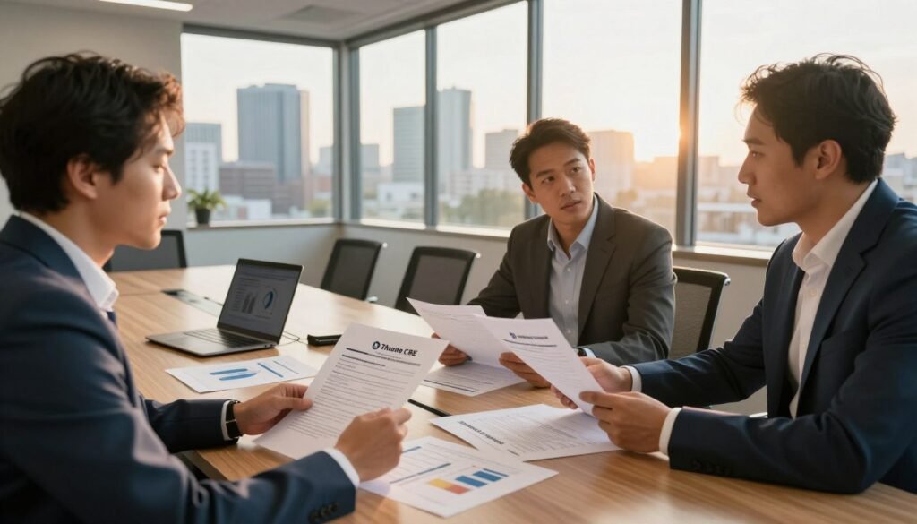 A dynamic business scene showcasing an Alabama-based commercial real estate office. In the foreground, a diverse group of three professionals in business attire holds a discussion over documents, examining an SBA 504 loan application. The middle ground features a modern conference table adorned with charts and a laptop, indicating a strategic meeting. In the background, large windows reveal a view of Alabama's skyline, bathed in warm, golden hour sunlight. The atmosphere conveys a sense of collaboration and optimism, highlighting the importance of SBA 504 loans. Use a wide-angle lens to capture the space, ensuring detailed textures and shadows enhance the depth. Include subtle branding for "Thorne CRE" on documents in the foreground, maintaining a professional tone without any text overlays.