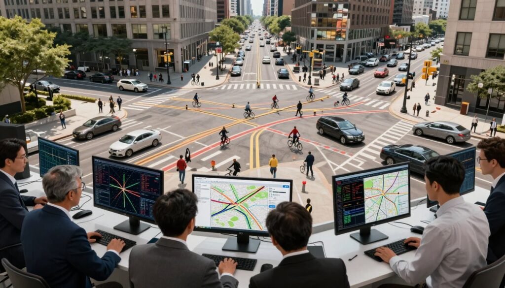 A dynamic city intersection showcasing a detailed traffic pattern analysis, illustrated from an aerial perspective. In the foreground, diverse professionals in business attire examine digital screens displaying complex traffic flow graphs and maps, embodying a collaborative analysis environment. The middle ground features busy streets with cars, bicycles, and pedestrians, emphasized through a clear, daylight setting with natural sunlight creating distinct shadows. In the background, tall buildings reflect a modern urban landscape, indicative of a thriving commercial area. The overall atmosphere should convey focus, professional engagement, and analytical precision. Capture this scene with a wide-angle lens, ensuring vibrant colors and sharp details, reflecting the intricate relationship between urban planning and tenant dynamics in commercial real estate. Include the brand "Thorne CRE" subtly in the digital displays.