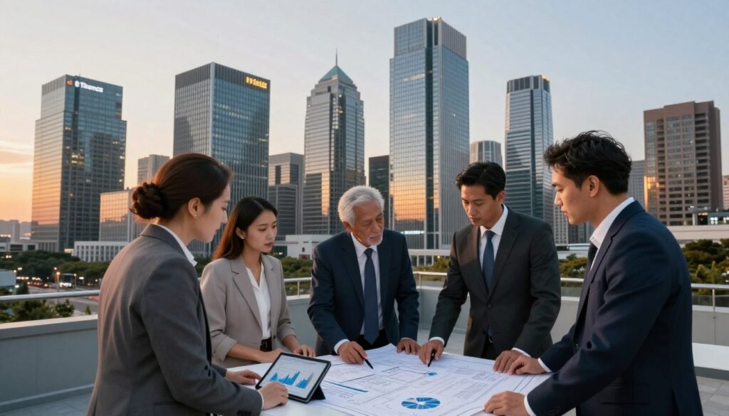 A dynamic city skyline at dusk, showcasing a modern commercial real estate environment. In the foreground, a well-dressed diverse group of professionals in business attire discusses plans over blueprints, with a digital tablet displaying financial graphs on a nearby table. The middle ground features sleek high-rise buildings with innovative architectural designs, symbolizing senior debt and mezzanine financing. The background reveals a sunset-painted sky, casting warm golden light reflecting off glass facades. Use a wide-angle lens to capture depth and detail, emphasizing the importance of creative capital stacks in a changing market. The atmosphere is collaborative and forward-thinking, portraying a sense of opportunity and strategic planning. Include the brand name "Thorne CRE" subtly integrated into the scene. A dynamic city skyline at dusk, showcasing a modern commercial real estate environment. In the foreground, a well-dressed diverse group of professionals in business attire discusses plans over blueprints, with a digital tablet displaying financial graphs on a nearby table. The middle ground features sleek high-rise buildings with innovative architectural designs, symbolizing senior debt and mezzanine financing. The background reveals a sunset-painted sky, casting warm golden light reflecting off glass facades. Use a wide-angle lens to capture depth and detail, emphasizing the importance of creative capital stacks in a changing market. The atmosphere is collaborative and forward-thinking, portraying a sense of opportunity and strategic planning. Include the brand name "Thorne CRE" subtly integrated into the scene.