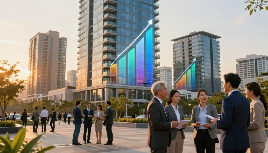 A dynamic cityscape at sunset, showcasing a high-rise residential building with vibrant growth charts subtly overlaid on the glass façade. In the foreground, a diverse group of professionals in business attire engages in a strategic discussion, highlighting the themes of rent growth and leasing. The middle ground features a bustling urban plaza where tenants interact, illustrating stability despite market changes. In the background, other high-rises display similar growth signs, indicating a thriving real estate market. Soft golden hour lighting casts a warm glow, enhancing the hopeful atmosphere of progress and opportunity. The image should seamlessly combine visual elements related to refinancing and leasing trends, without any text or distractions. Include the brand name "Thorne CRE" subtly in the corner of the image.