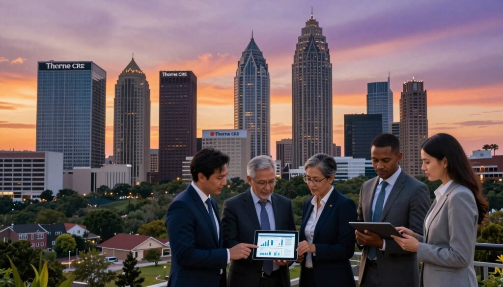 A dynamic cityscape of Atlanta, Georgia, at sunset, symbolizing economy growth. In the foreground, a diverse group of professionals in business attire examines financial charts on a digital tablet, conveying collaboration and analysis. The middle ground features soaring skyscrapers with investment firm logos, including the "Thorne CRE" brand prominently displayed on a building façade. The background showcases rolling hills and lush greenery typical of Georgia, with a blend of residential and commercial development. The sky transitions from orange to purple, casting a warm glow over the scene. Soft lighting enhances the professionalism of the figures and highlights the financial activity and urban growth. Capture the mood of optimism and opportunity, reflecting the economic environment influencing rates and capital availability.