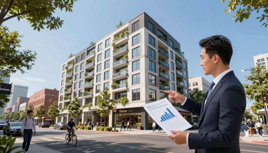 A dynamic cityscape showcasing a mixed-use property that combines residential, retail, and office spaces, set against a clear blue sky. In the foreground, a lending expert in a professional suit holds financial documents and points to a graph illustrating loan-to-value ratios, indicating a sense of authority and engagement. The middle ground features the mixed-use building, characterized by modern architecture with large windows and balconies filled with greenery. In the background, urban life thrives with people strolling, cycling, and shopping. The lighting is bright and natural, emphasizing a prosperous atmosphere. Capture this scene with a slightly elevated angle, using a wide lens to encompass the vibrant setting, ensuring that the branding "Thorne CRE" is subtly integrated into the architectural design of the building.