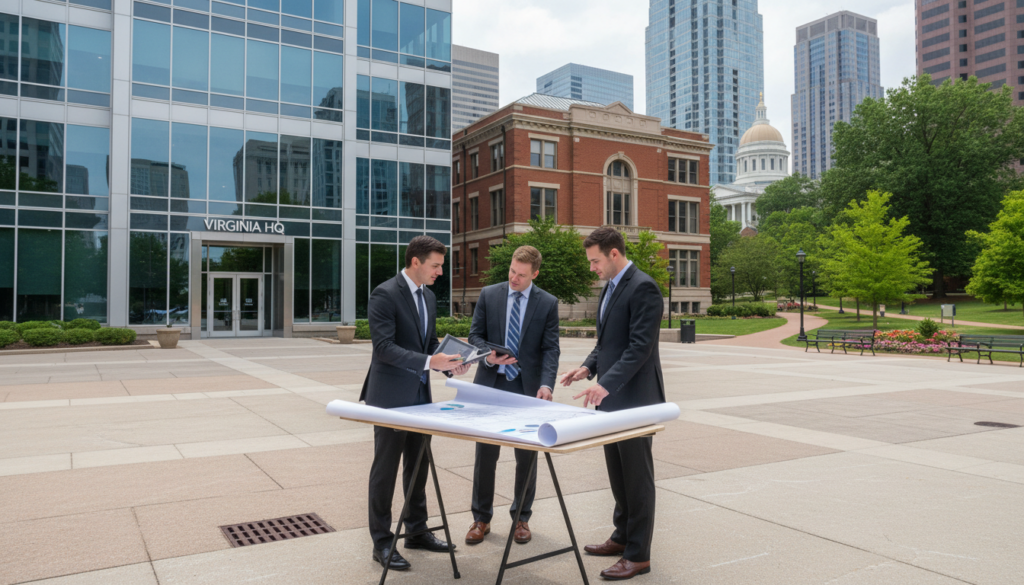 A dynamic commercial real estate scene in Virginia, showcasing a modern office building and investment property under a clear blue sky. In the foreground, a diverse group of three professionals in business attire—two men and one woman—are engaged in a discussion, reviewing blueprints and financial documents. In the middle ground, a stylish glass building represents owner-occupied spaces, while an elegant brick structure symbolizes investment opportunities. The background features the iconic Virginia skyline with lush green trees and a well-maintained park highlighting the local market atmosphere. Soft, natural lighting illuminates the scene, creating a trustful, professional mood. The image captures the essence of collaboration and strategic financing solutions in the commercial real estate sector.