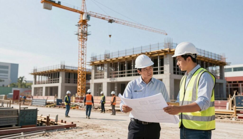 A dynamic construction site representing construction loan projects in commercial real estate. In the foreground, a construction manager in professional attire is discussing blueprints with a contractor, both engaged in a conversation about funding for growth-oriented projects. The middle of the scene showcases an active construction area, featuring cranes, scaffolding, and workers in hard hats collaborating on the structure of a modern building. In the background, a clear blue sky enhances the picture, suggesting a positive outlook for the construction industry. Soft, natural lighting casts gentle shadows and brings warmth to the scene, while a wide-angle lens captures the scale of the project, emphasizing its importance to the local economy. The overall atmosphere is one of optimism and forward momentum.