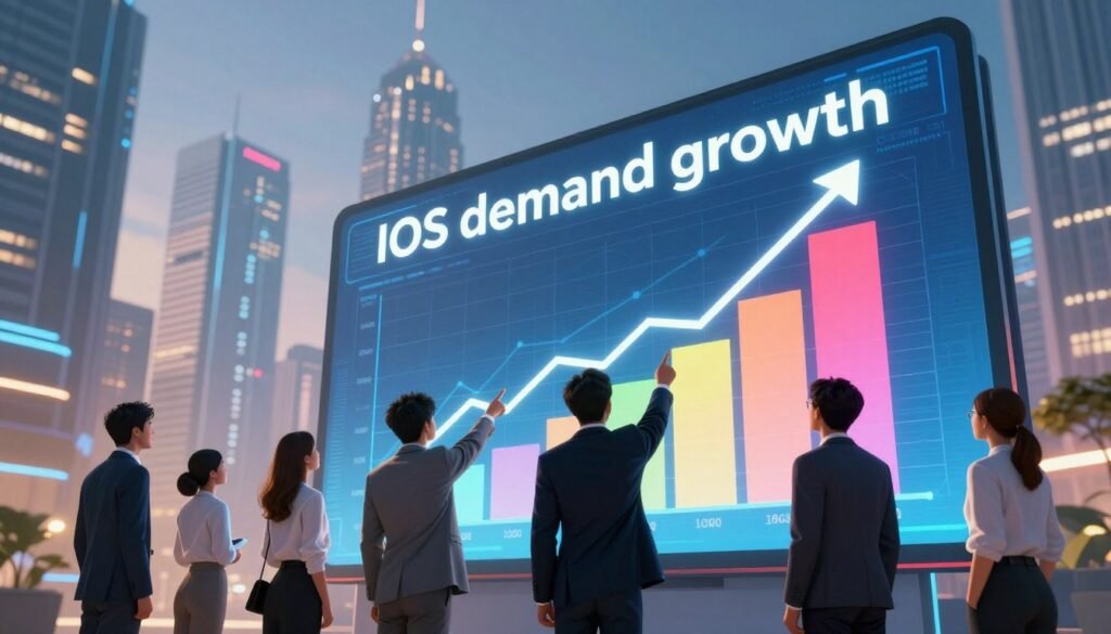 A dynamic illustration of the "IOS demand growth" concept, featuring a futuristic city skyline in the background symbolizing technological advancement. In the foreground, a diverse group of professionals in business attire, pointing at a large digital screen displaying an upward-trending graph. The vibrant colors of the digital display contrast with the sleek, modern architecture. Bright, ambient lighting enhances the atmosphere of optimism and progress, with soft-focus elements in the background creating depth. The image is captured from a low-angle perspective to emphasize the towering buildings and digital innovation, invoking a sense of growth and opportunity. The branding "Thorne CRE" subtly integrated into the environment to reinforce the theme.