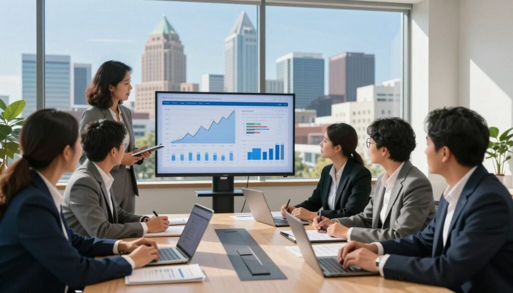 A dynamic loan activity snapshot depicting a modern office environment focused on commercial real estate financing in Oklahoma. In the foreground, a diverse group of professionals dressed in business attire engage in animated discussion around a conference table laden with financial documents and digital devices. The middle ground showcases a large screen displaying graphs and trends related to current lending activities, emphasizing strategic approaches. The background features a panoramic view of downtown Oklahoma City with high-rise buildings under a clear blue sky, symbolizing the thriving commercial landscape. The lighting is bright and natural, coming from large windows, casting soft shadows and creating an engaging, optimistic atmosphere. Use a slightly elevated angle to capture the teamwork and investment potential reflected in the scene.