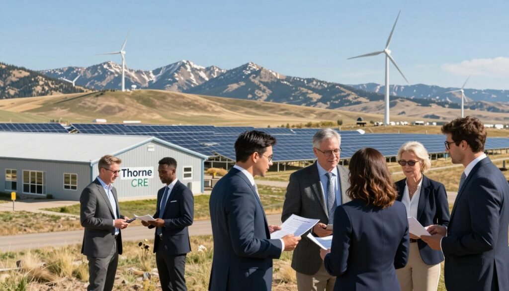 A dynamic market scene reflecting Wyoming's energy-linked commercial real estate landscape. In the foreground, a diverse group of professionals in smart business attire discusses opportunities while reviewing documents. The middle ground showcases modern structures, like energy-efficient buildings and solar farms, with wind turbines on rolling hills. In the background, the scenic Wyoming landscape features mountains under a bright, clear blue sky. Subtle sunlight highlights the professionals and buildings, creating a warm and optimistic atmosphere. The image captures the essence of collaboration and growth in niche energy markets. Incorporate the brand name "Thorne CRE" prominently within the scene, blending it naturally into the environment without any text overlays.