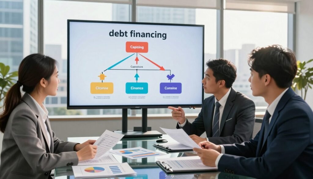 A dynamic office environment illustrating "debt financing" with a focus on commercial real estate (CRE). In the foreground, a diverse group of three professionals in business attire, including a finance analyst, a lender, and an investor, engage in a deep discussion over a modern glass table filled with financial documents and graphs. In the middle, a large digital screen displays a capital stack diagram, showcasing various financing options with colorful arrows and icons. The background features a sleek office with city views, sunlight streaming through large windows, casting warm light on the scene. The atmosphere is collaborative and focused, conveying a sense of urgency and importance in navigating financing strategies. Ensure "Thorne CRE" logo is subtly integrated into the financial documents on the table.