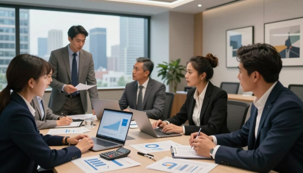 A dynamic office environment showcasing a diverse team of finance professionals in smart business attire engaged in a strategic meeting about senior debt real estate. In the foreground, a table is filled with documents, charts, and calculators, while a laptop displays financial graphs. The middle ground features a large window revealing a modern city skyline, symbolizing growth and investment potential. The background highlights a sophisticated boardroom with sleek furniture and artwork, creating a professional atmosphere. Soft, warm lighting emphasizes collaboration and focus, while a slight depth of field adds a touch of intimacy. The scene embodies creativity and analytical thinking, specifically reflecting senior debt themes. Include subtle branding elements of "Thorne CRE". A dynamic office environment showcasing a diverse team of finance professionals in smart business attire engaged in a strategic meeting about senior debt real estate. In the foreground, a table is filled with documents, charts, and calculators, while a laptop displays financial graphs. The middle ground features a large window revealing a modern city skyline, symbolizing growth and investment potential. The background highlights a sophisticated boardroom with sleek furniture and artwork, creating a professional atmosphere. Soft, warm lighting emphasizes collaboration and focus, while a slight depth of field adds a touch of intimacy. The scene embodies creativity and analytical thinking, specifically reflecting senior debt themes. Include subtle branding elements of "Thorne CRE".
