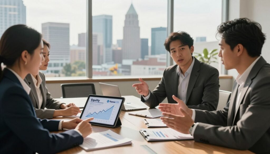 A dynamic office environment showcasing the concept of equity investment in commercial real estate. In the foreground, a diverse group of three professionals in business attire—two men and one woman—are engaged in a discussion, gesturing towards a financial analysis report and digital tablet displaying graphs of equity growth. In the middle, an elegant conference table is adorned with documents and a laptop, symbolizing collaborative decision-making. The background features a large window with a view of Alabama's skyline, drenched in warm afternoon light, casting soft shadows that enhance the focus on the table. The atmosphere conveys professionalism, teamwork, and strategic planning. The logo "Thorne CRE" is subtly included within the workspace. A dynamic office environment showcasing the concept of equity investment in commercial real estate. In the foreground, a diverse group of three professionals in business attire—two men and one woman—are engaged in a discussion, gesturing towards a financial analysis report and digital tablet displaying graphs of equity growth. In the middle, an elegant conference table is adorned with documents and a laptop, symbolizing collaborative decision-making. The background features a large window with a view of Alabama's skyline, drenched in warm afternoon light, casting soft shadows that enhance the focus on the table. The atmosphere conveys professionalism, teamwork, and strategic planning. The logo "Thorne CRE" is subtly included within the workspace.