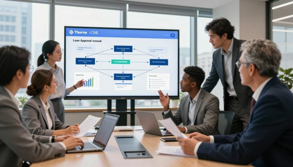 A dynamic office scene depicting the loan approval process for mixed-use assets. In the foreground, a diverse group of professionals in business attire, including a middle-aged woman in glasses, a young man with a laptop, and an older man reviewing documents, are engaged in an animated discussion around a sleek conference table. The middle ground features a large digital screen displaying a flowchart of the loan approval steps, with visible statistics and graphs. In the background, a modern office with large windows allowing natural light to flood in, showcasing a city skyline. The atmosphere is collaborative and focused, highlighted by warm lighting and an inviting color palette. The brand logo “Thorne CRE” subtly incorporated into the digital screen design.