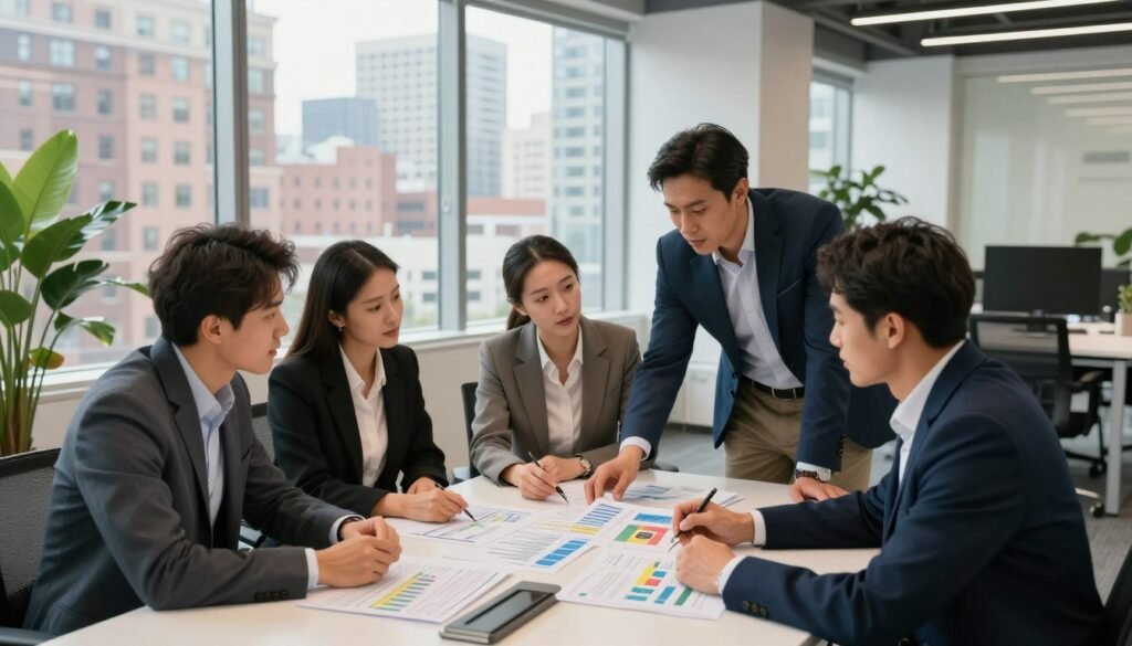 A dynamic office scene illustrating cash flow management during the lease-up phase of a mixed-use project. In the foreground, a diverse group of three professionals in business attire (two men and one woman) are gathered around a large conference table, analyzing colorful spreadsheets and charts. The middle ground features a large window with a view of a bustling cityscape, highlighting a blend of residential and commercial buildings, indicating the mixed-use aspect. The background shows a modern office environment with sleek furniture and green plants, creating a lively yet focused atmosphere. Soft, natural lighting illuminates the space, adding warmth. The overall mood conveys professionalism, collaboration, and financial strategy. Include subtle branding elements for "Thorne CRE" in the décor.