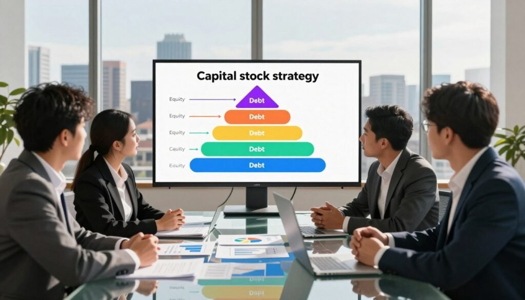 A dynamic representation of a "capital stack strategy" displayed in a modern office setting. In the foreground, a diverse group of three professionals in business attire—two men and one woman—are engaged in a thoughtful discussion around a clear glass table filled with documents, charts, and financial models. In the middle, a large digital screen shows an illustrative diagram of a capital stack, highlighting layers of equity and debt in vibrant colors. The background features a panoramic view of Colorado's skyline through floor-to-ceiling windows, casting dramatic natural light into the room. The atmosphere is focused and energetic, suggesting collaboration and strategic planning in the commercial real estate sector. Soft shadows and a warm color palette enhance the professionalism of the scene.
