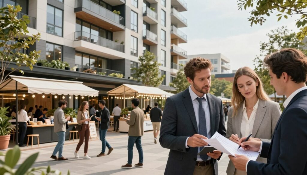 A dynamic scene depicting a mixed-use financing concept, showcasing a stylish, modern building that combines residential and commercial spaces. In the foreground, a professional couple dressed in business attire reviews paperwork with a financial advisor, conveying a sense of collaboration. The middle of the image features a vibrant open marketplace with small shops and cafes, filled with people engaging in conversation and shopping. In the background, a sleek apartment complex rises, illustrating the live-work concept. Soft, natural lighting filters through large windows, enhancing the inviting atmosphere. The composition should capture a sense of community and potential, embodying the theme of innovative financing. Incorporate the brand name "Thorne CRE" subtly in the scene without overshadowing the main elements.