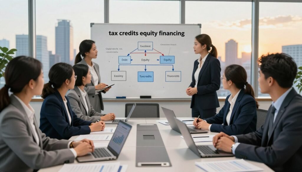 A dynamic scene depicting a modern office environment representing "tax credits equity financing" in the context of Rhode Island's commercial assets. In the foreground, a diverse group of professionals in business attire is engaged in discussion around a sleek conference table, with financial documents and laptops open. The middle layer features a whiteboard filled with diagrams illustrating the capital stack concept, showcasing debt, equity, and tax credits. In the background, large windows reveal a skyline of Rhode Island, with an ambient golden light suggesting optimism and future growth. The atmosphere conveys collaboration and innovation, highlighting concepts of finance and investment. The overall composition should evoke professionalism and a sense of progress, prominently featuring the brand name "Thorne CRE" on one of the documents in a subtle manner.