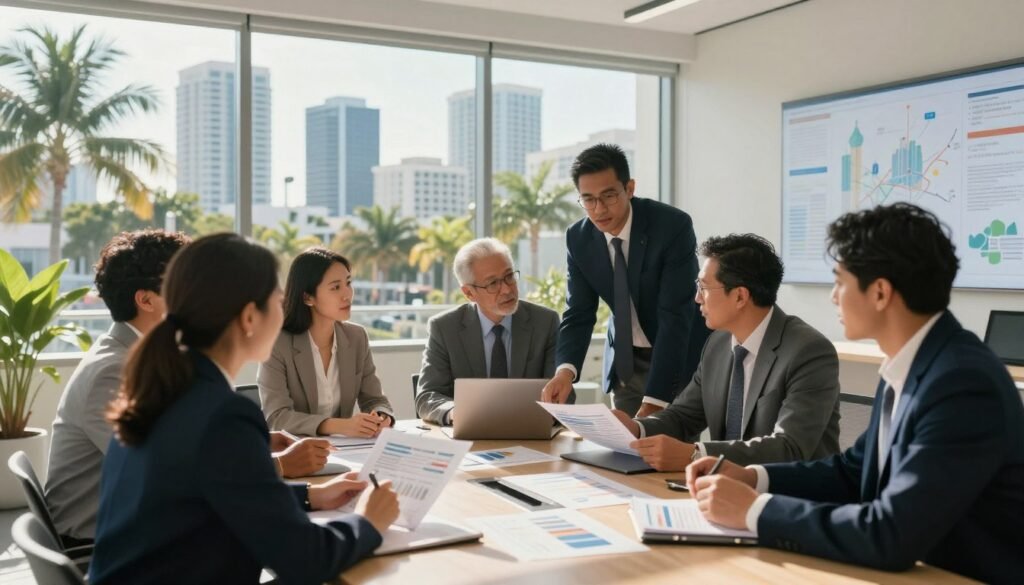 A dynamic scene of a bustling commercial real estate office in Florida. In the foreground, a diverse group of professionals in business attire are engaged in a discussion around a conference table, analyzing charts and financial reports, emphasizing collaboration. The middle ground features a modern office environment with panoramic windows showcasing a sunny Florida skyline, palm trees, and tall buildings. In the background, a subtle hint of a digital map displaying investment opportunities overlays an abstract cityscape. The lighting is bright and warm, casting inviting shadows, suggesting productivity and optimism. The atmosphere conveys a sense of urgency and strategic focus in navigating today’s evolving market landscape.
