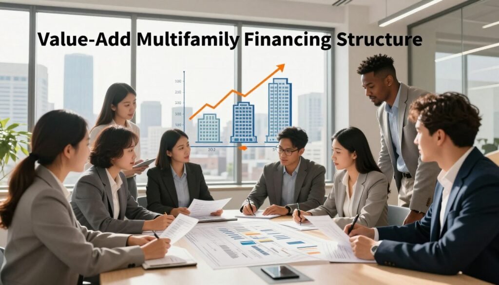 A dynamic scene representing a "Value-Add Multifamily Financing Structure." In the foreground, a professional-looking team of diverse individuals in smart business attire, gathered around a modern conference table, reviewing blueprints and financial documents. The middle ground features an illustrated chart showing a financial structure with upward trends, multifamily buildings, and highlighted value-add opportunities. In the background, a bright, well-designed office space with large windows showcasing a city skyline, bathed in natural light. The atmosphere is focused and collaborative, emphasizing strategic planning and success. Use warm lighting to create an inviting ambiance, and capture the image using a wide-angle lens to encompass the teamwork and architectural details. Include the brand name "Thorne CRE" subtly integrated into the scene.