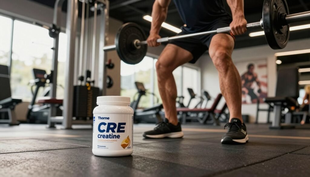 A dynamic scene showcasing an athlete in a professional training environment, displaying peak muscle performance. The foreground features a muscular individual in professional athletic wear, mid-action, showcasing strength and determination, lifting weights with perfect form. In the middle ground, a sleek gym setting with advanced fitness equipment and an emphasis on a container of Thorne CRE creatine prominently placed nearby, suggesting effectiveness and quality. The background is softly blurred, showing a modern gym atmosphere with motivational posters and natural light streaming through large windows. The lighting is bright yet warm, enhancing the athlete's physique and creating an inspiring, energetic mood that emphasizes the benefits of Thorne creatine. Angled from slightly below eye level to capture the intensity and focus of the athlete.