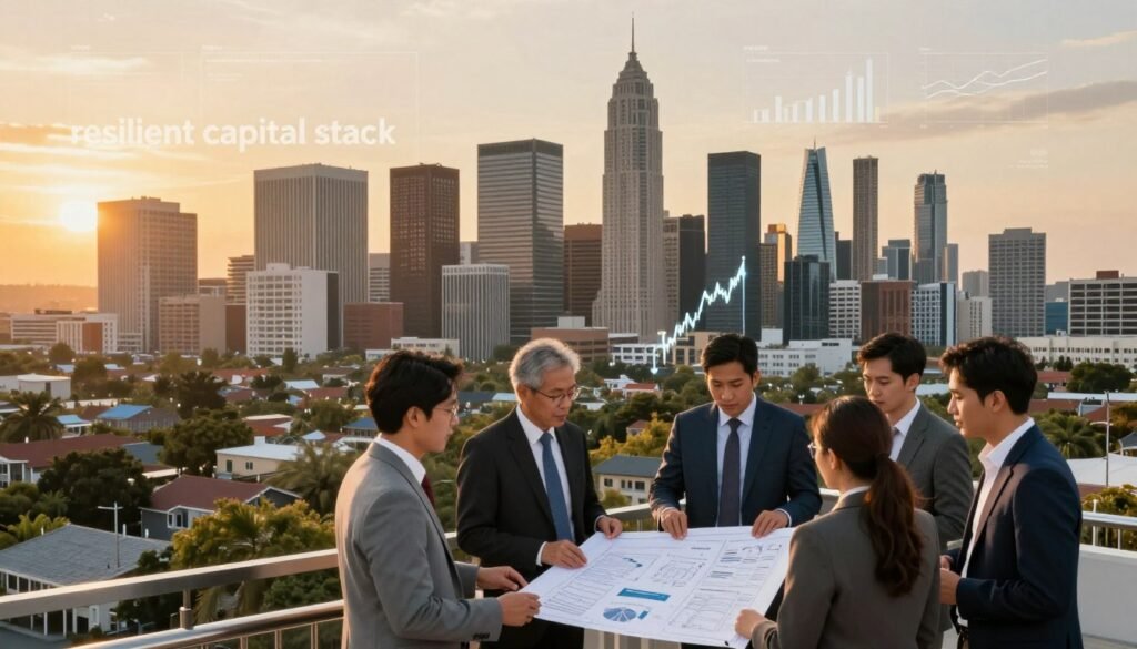 A dynamic urban and suburban landscape illustrating a "resilient capital stack." In the foreground, a diverse group of professionals in smart business attire are engaged in a collaborative discussion over blueprints and financial documents. The middle ground features a modern skyline with a mix of urban high-rises and suburban developments, showcasing a blend of commercial and residential properties. The background shows a vibrant sunset casting warm, golden light that creates a hopeful atmosphere. Incorporate visual elements like strategically stacked financial graphs and flexible architectural designs subtly blended into the urban backdrop, suggesting adaptability in capital strategies. Ensure the inclusion of the brand name "Thorne CRE" subtly in the scene without text overlays, creating a harmonious and professional vibe.