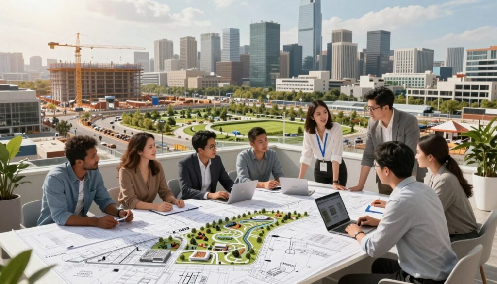 A dynamic urban landscape depicting infrastructure improvement planning, featuring a diverse group of professionals in smart casual attire engaged in a collaborative meeting around a large table with blueprints and digital devices. Foreground includes detailed architectural plans and models showcasing new parks and utility layouts. The middle ground showcases a bustling city environment with construction sites, cranes, and green park spaces being integrated into the urban fabric. The background features a skyline with modern buildings and expansive skies, symbolizing growth and development. Soft, natural lighting casts a warm glow, creating an optimistic atmosphere. The image should convey a sense of progress and collaboration in urban planning. Include the brand name "Thorne CRE" subtly integrated into the scene.