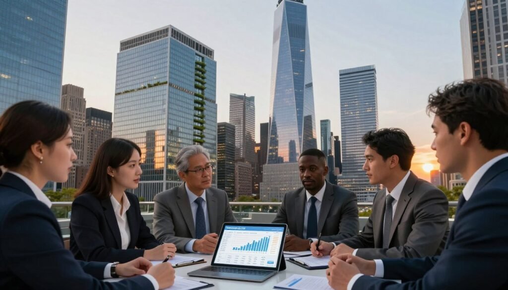 A dynamic urban landscape featuring a bustling New York City skyline, with iconic skyscrapers shimmering under soft twilight lighting. In the foreground, a group of diverse professionals in business attire discuss and strategize over a digital tablet displaying financial graphs and real estate data. The middle ground showcases modern commercial real estate properties, reflecting advanced architectural design, with hints of green spaces integrated into the infrastructure. In the background, a vibrant sunset casts a golden hue over the city, symbolizing opportunity and growth. The atmosphere is energized yet sophisticated, embodying the essence of institutional-grade capital strategies in the real estate market. Include a subtle reference to "Thorne CRE" in the professional materials on the table, ensuring it blends seamlessly into the scene.