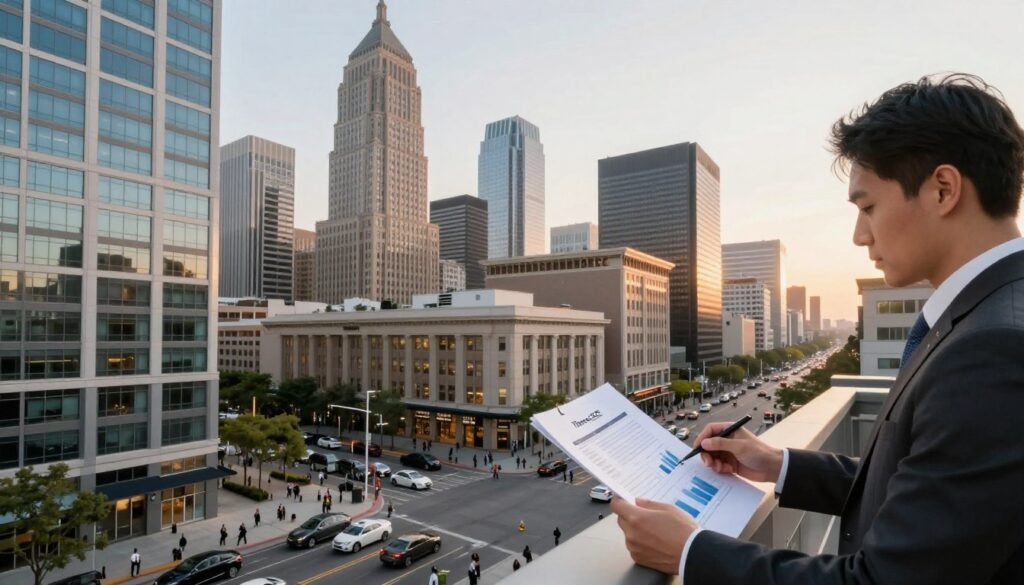 A dynamic urban landscape featuring commercial real estate properties, showcasing a variety of modern buildings, including office towers and retail spaces. In the foreground, a professional businessperson in formal attire, focused and analyzing financial documents and graphs, symbolizes the decision-making process in refinancing. The middle ground emphasizes a bustling city street with pedestrians and vehicles passing by, reflecting a vibrant economic environment. The background showcases a skyline featuring a mix of architectural styles under a soft, warm sunset glow, indicating opportunity amidst challenges. The image should capture a hopeful and strategic atmosphere, using natural light for a clean, inviting look. Include subtle branding with the name "Thorne CRE" displayed unobtrusively on a building facade, ensuring it is integrated seamlessly into the composition.