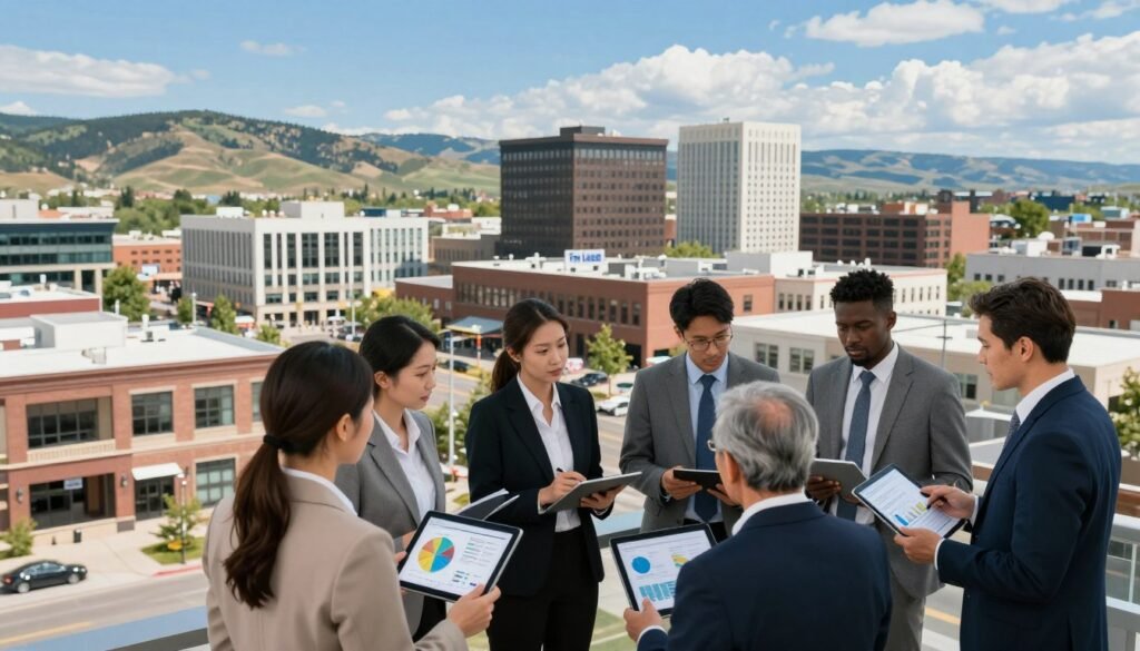A dynamic, urban landscape illustrating market growth in Montana's commercial real estate sector. In the foreground, a diverse group of business professionals in business attire are engaged in a strategic discussion, pointing at digital charts and graphs displayed on tablets. The middle ground features several modern buildings, showcasing a mix of styles representing various real estate developments, some with "For Lease" signs visible. In the background, rolling hills and a vibrant blue sky suggest the natural beauty of Montana. Soft, natural lighting enhances the scene, conveying a bright, optimistic atmosphere. Use a slightly elevated angle to capture both the professionals and the skyline, emphasizing ambition and growth in the market.