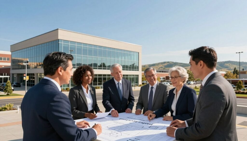 A dynamic urban landscape representing the concept of "property capital." In the foreground, a diverse group of professionals in business attire, including investors and sponsors, engage in discussion over blueprints and financial documents, showcasing collaboration. The middle ground features a modern commercial building with large glass windows, symbolizing investment opportunities in South Dakota. In the background, a clear blue sky and rolling hills reflect the region’s unique geography. The scene is illuminated by warm afternoon sunlight, creating a vibrant, optimistic atmosphere. Use a wide-angle perspective to capture the depth of the setting, emphasizing the importance of strategic capital structuring. Incorporate subtle branding elements for "Thorne CRE" within the materials on the table, ensuring they blend seamlessly into the professional context. A dynamic urban landscape representing the concept of "property capital." In the foreground, a diverse group of professionals in business attire, including investors and sponsors, engage in discussion over blueprints and financial documents, showcasing collaboration. The middle ground features a modern commercial building with large glass windows, symbolizing investment opportunities in South Dakota. In the background, a clear blue sky and rolling hills reflect the region’s unique geography. The scene is illuminated by warm afternoon sunlight, creating a vibrant, optimistic atmosphere. Use a wide-angle perspective to capture the depth of the setting, emphasizing the importance of strategic capital structuring. Incorporate subtle branding elements for "Thorne CRE" within the materials on the table, ensuring they blend seamlessly into the professional context.
