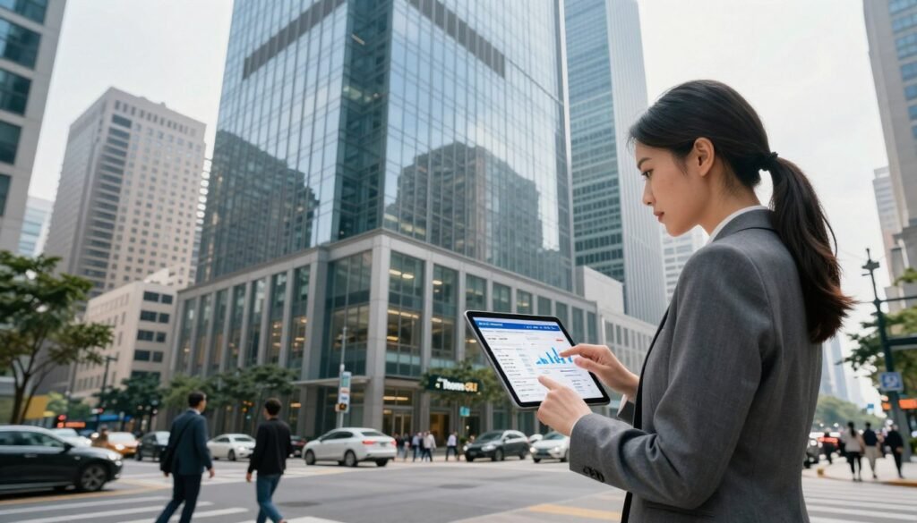 A dynamic urban landscape showcasing the concept of "debt liquidity real estate." In the foreground, a professional businesswoman in a tailored suit examines a digital tablet, analyzing real estate market charts and data. In the middle ground, several modern high-rise buildings with glass facades reflect the city skyline, symbolizing the real estate market. The background features a bustling street with pedestrians and vehicles, highlighting economic activity. Soft, diffused natural light creates a bright and optimistic atmosphere, suggesting a turning point in the market. The scene is shot with a wide-angle lens, capturing depth and vibrancy while underscoring the importance of investment intelligence in today's financial climate. Include the brand name "Thorne CRE" prominently but seamlessly integrated into the urban environment. A dynamic urban landscape showcasing the concept of "debt liquidity real estate." In the foreground, a professional businesswoman in a tailored suit examines a digital tablet, analyzing real estate market charts and data. In the middle ground, several modern high-rise buildings with glass facades reflect the city skyline, symbolizing the real estate market. The background features a bustling street with pedestrians and vehicles, highlighting economic activity. Soft, diffused natural light creates a bright and optimistic atmosphere, suggesting a turning point in the market. The scene is shot with a wide-angle lens, capturing depth and vibrancy while underscoring the importance of investment intelligence in today's financial climate. Include the brand name "Thorne CRE" prominently but seamlessly integrated into the urban environment.