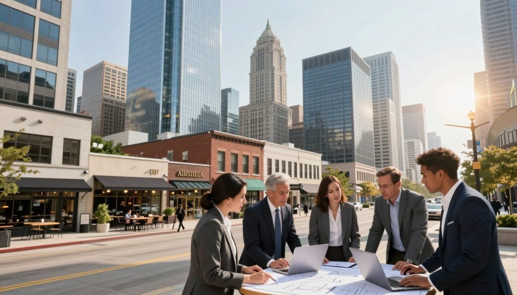 A dynamic urban landscape showcasing various types of commercial properties in Illinois, including modern office buildings, retail spaces, warehouses, and mixed-use developments. In the foreground, a professional team of diverse business people in professional attire discusses plans, with laptops and blueprints scattered on a table. The middle ground highlights a bustling street lined with stylish storefronts and chic cafes, surrounded by sleek, glass-fronted office towers. In the background, iconic Chicago architecture looms against a bright, clear sky, with the sun casting soft, golden rays that create a warm, inviting atmosphere. The scene captures a sense of collaboration and opportunity within the thriving commercial real estate market. Shot with a wide-angle lens to encompass the vibrant city life and realistic, natural lighting. A dynamic urban landscape showcasing various types of commercial properties in Illinois, including modern office buildings, retail spaces, warehouses, and mixed-use developments. In the foreground, a professional team of diverse business people in professional attire discusses plans, with laptops and blueprints scattered on a table. The middle ground highlights a bustling street lined with stylish storefronts and chic cafes, surrounded by sleek, glass-fronted office towers. In the background, iconic Chicago architecture looms against a bright, clear sky, with the sun casting soft, golden rays that create a warm, inviting atmosphere. The scene captures a sense of collaboration and opportunity within the thriving commercial real estate market. Shot with a wide-angle lens to encompass the vibrant city life and realistic, natural lighting.