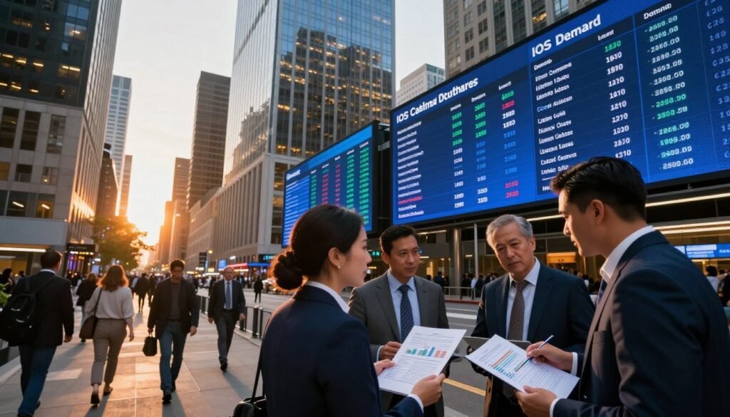 A dynamic urban market scene illustrating the bustling demand for IOS cash flow and lease structures, set in a modern financial district in the United States. In the foreground, a diverse group of professionals dressed in business attire is engaged in a discussion, analyzing charts and documents related to market trends. The middle ground features sleek skyscrapers with digital screens showcasing data on IOS demand and institutional capital investment, while pedestrians move purposefully along the sidewalk. The background displays a vibrant sunset casting warm light over the city, creating a sense of opportunity and growth. The atmosphere is energetic and optimistic, capturing the essence of market dynamics. The branding element "Thorne CRE" is subtly integrated into the image, perhaps on one of the digital screens. The photo is taken at a slight upward angle, emphasizing the towering buildings and the action in the foreground.