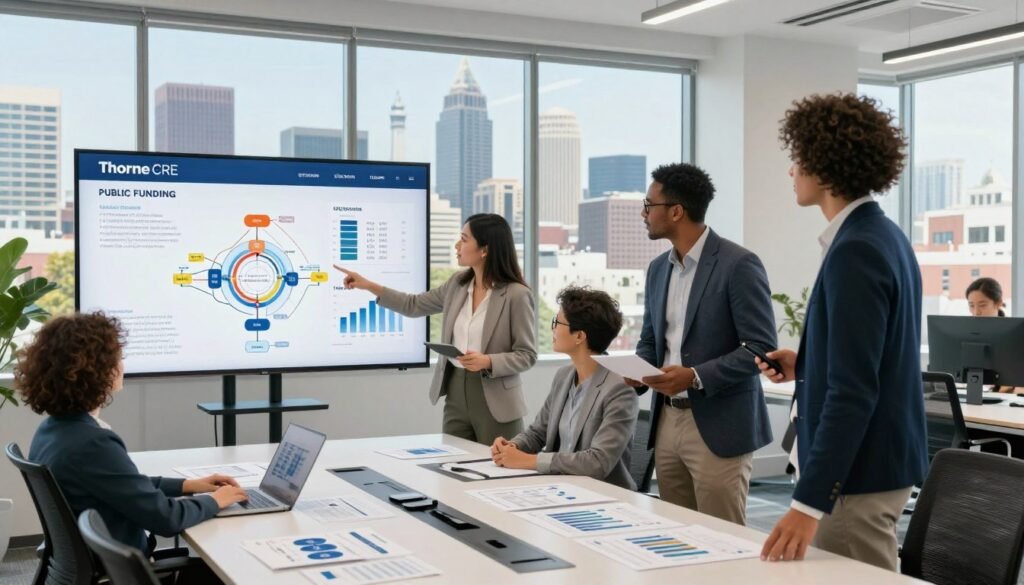 A dynamic urban scene depicting a diverse group of professionals collaborating in a modern office space, emphasizing public funding in real estate. In the foreground, a team of three individuals—two women and one man—dressed in professional business attire, analyze charts and diagrams on a large digital screen that illustrates complex financing structures. The middle ground features a large conference table with documents and financial models spread out, symbolizing strategic planning. The background displays a panoramic view of California’s skyline, integrating iconic landmarks. The lighting is bright and natural, streaming through large windows, creating an uplifting atmosphere of innovation and teamwork. The image captures the essence of California’s competitive commercial real estate markets, reflecting the brand "Thorne CRE".