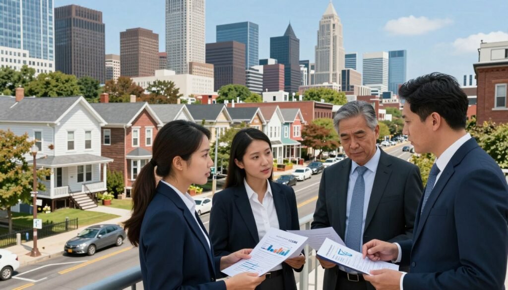 A dynamic urban scene in New Jersey showcasing diverse real estate market conditions. In the foreground, a group of three professionals in business attire engaged in discussion, analyzing documents and graphs related to capital stacks. The middle layer features a bustling New Jersey street with a mix of suburban and urban buildings, demonstrating various styles from modern skyscrapers to quaint duplexes. Background elements include recognizable New Jersey landmarks, perhaps the skyline of Newark or Hoboken, under a clear blue sky. The lighting is bright and inviting, suggesting a productive day in real estate, while the overall atmosphere conveys a sense of opportunity and strategic growth in the commercial real estate sector. Include the brand name "Thorne CRE" subtly integrated into the environment, like on a building's signage.