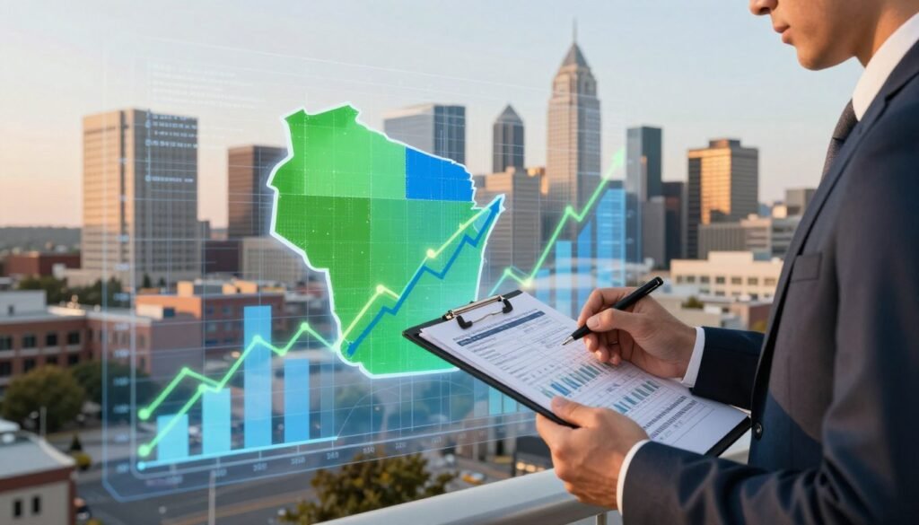 A dynamic visualization of cash flow in the context of commercial real estate financing. In the foreground, a focused professional in business attire holds a clipboard with financial data, analyzing market trends. In the middle, transparent graphs and charts illustrating cash flow projections are displayed, overlaying a blueprint of commercial properties in Wisconsin, showing vibrant colors of green and blue to signify growth. In the background, a panoramic view of a bustling Wisconsin city skyline during the golden hour, with warm sunlight reflecting off modern buildings. The overall mood is strategic and optimistic, conveying a sense of forward-thinking and planning in finance. The image is well-lit with a soft focus effect, suggesting depth and clarity.