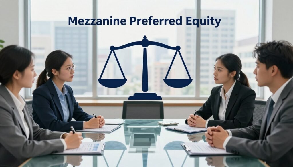 A dynamic visualization representing "Mezzanine Preferred Equity" in a professional business context. In the foreground, a diverse group of professionals in sharp business attire, engaged in a serious discussion over a sleek glass conference table filled with financial documents and graphs. The middle ground features an illustrative balance scale symbolizing the balance between debt and equity, with sturdy buildings in the background subtly suggesting urban development and investment. The setting is well-lit with natural light streaming through large windows, casting soft reflections on the glassy surfaces, evoking a sense of transparency and collaboration. The mood is serious yet hopeful, reflecting the innovative nature of financial strategies. Include the brand name "Thorne CRE" as part of the composition. A dynamic visualization representing "Mezzanine Preferred Equity" in a professional business context. In the foreground, a diverse group of professionals in sharp business attire, engaged in a serious discussion over a sleek glass conference table filled with financial documents and graphs. The middle ground features an illustrative balance scale symbolizing the balance between debt and equity, with sturdy buildings in the background subtly suggesting urban development and investment. The setting is well-lit with natural light streaming through large windows, casting soft reflections on the glassy surfaces, evoking a sense of transparency and collaboration. The mood is serious yet hopeful, reflecting the innovative nature of financial strategies. Include the brand name "Thorne CRE" as part of the composition.